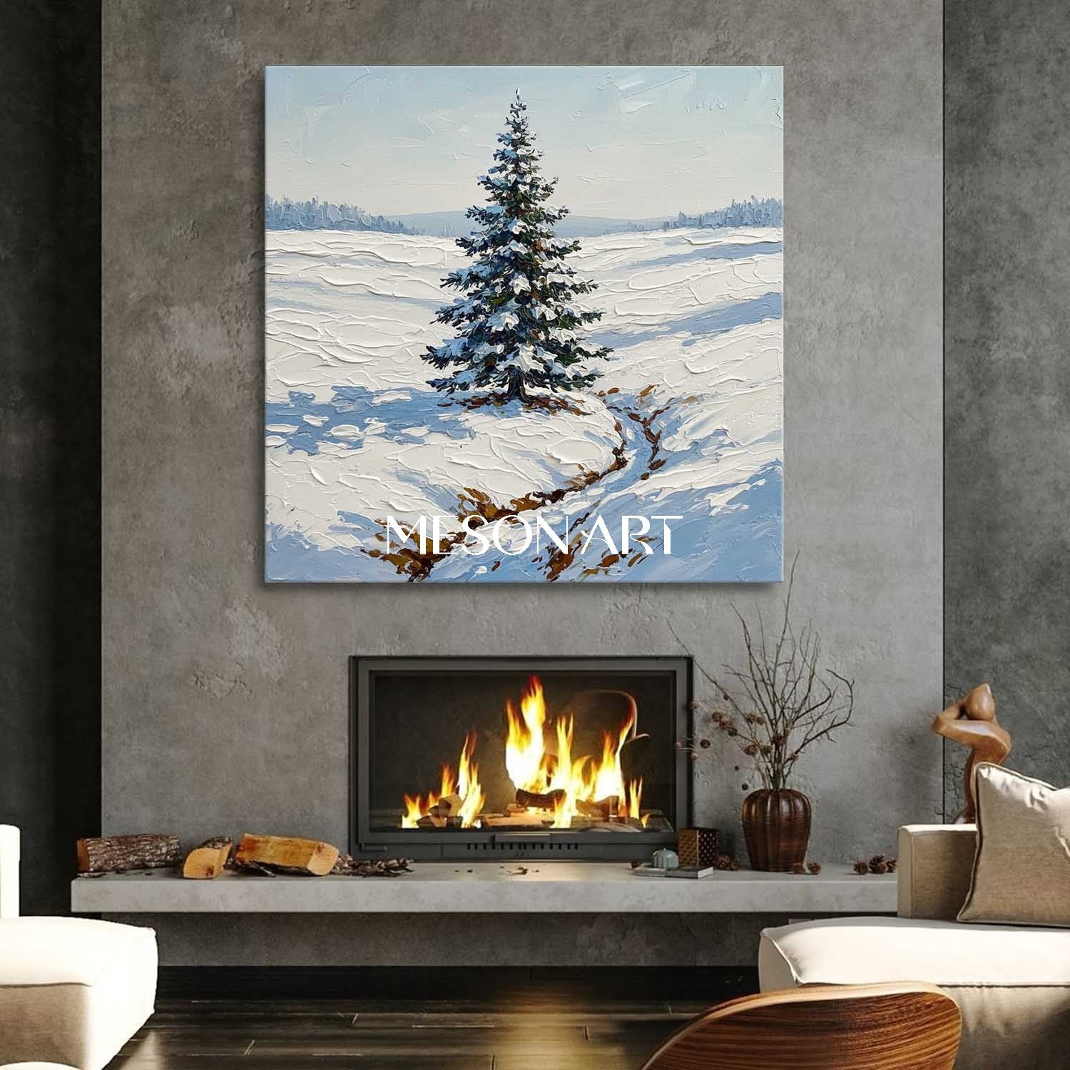 Textured Snowy Christmas Tree Ready to Hang Modern Wall Art Decor