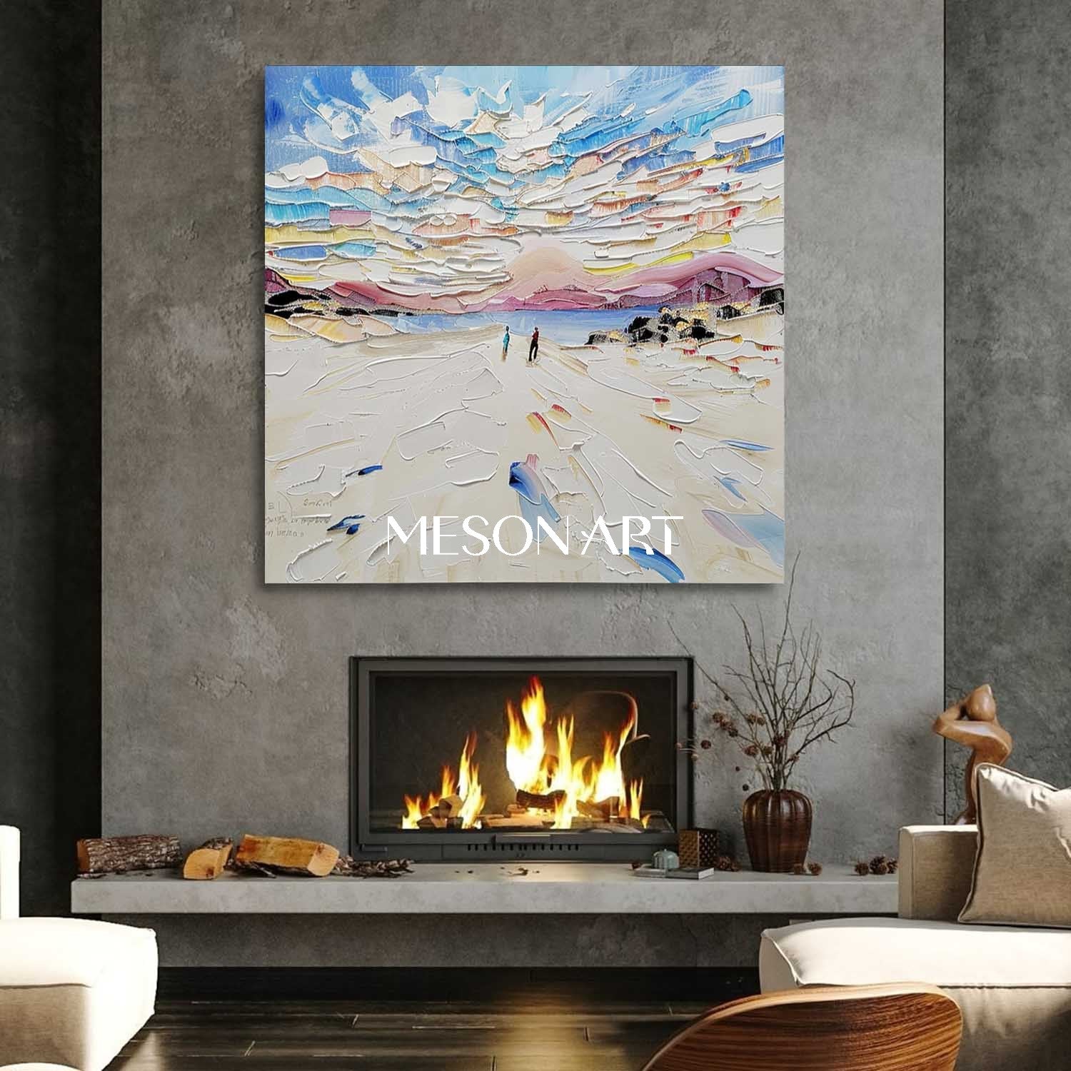 Buy White Impasto Winter Art Abstract Oil Painting Framed Wall Decor