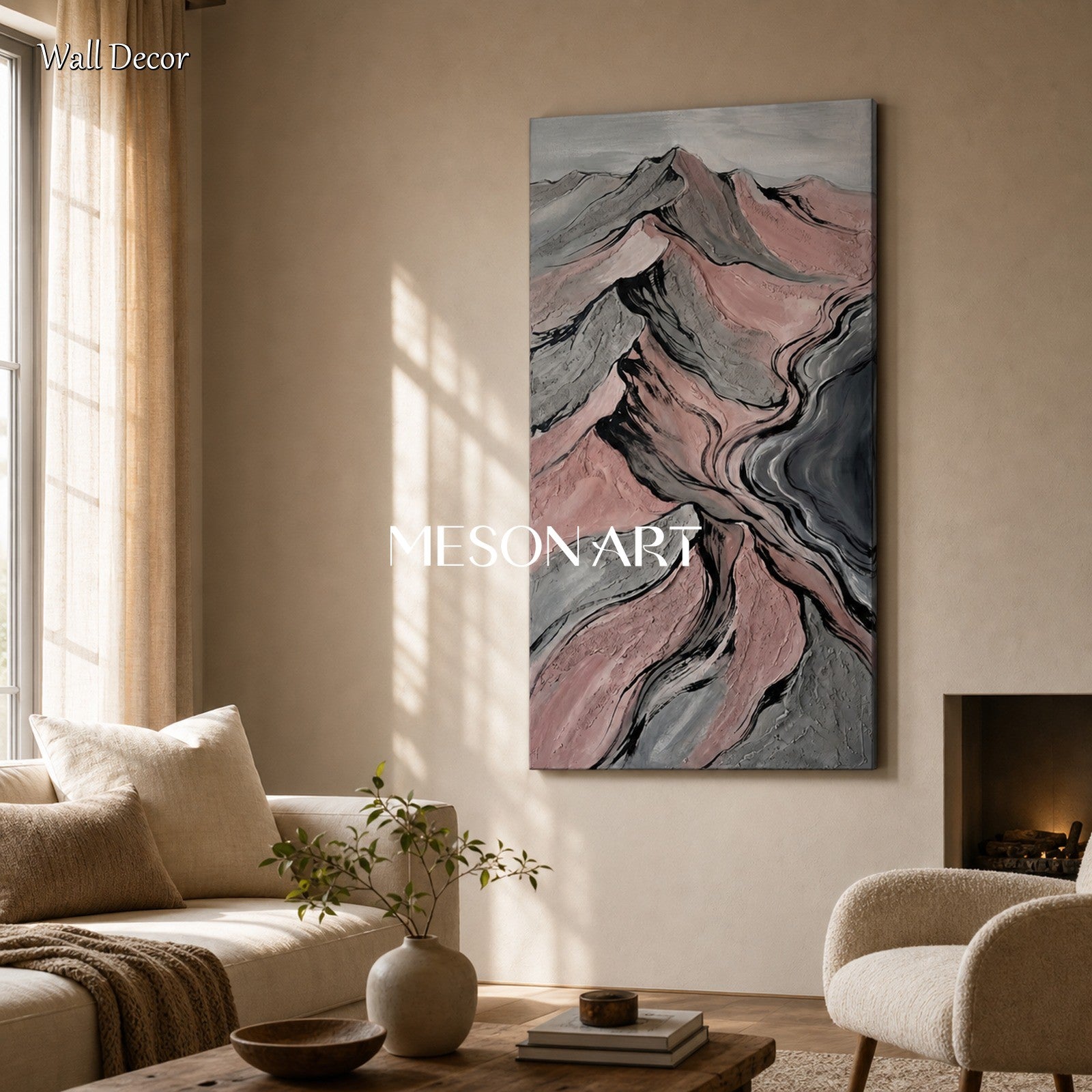 Pink Gray Abstract Mountain Art For Living Room And Bedroom Wall Decor