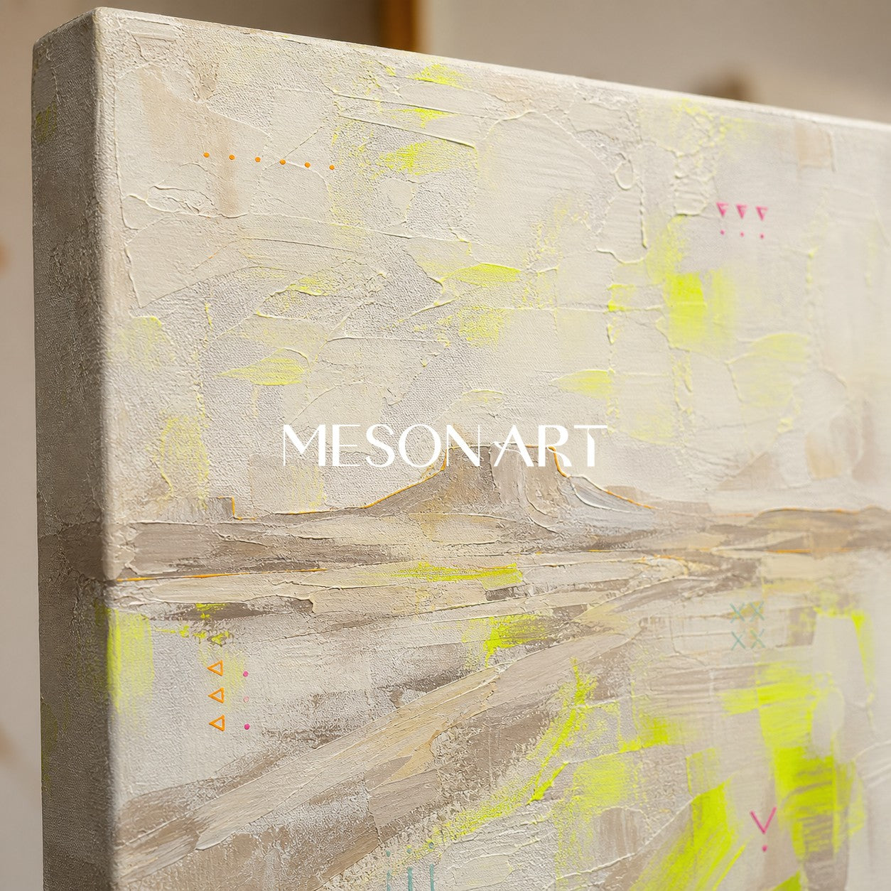 Natural Beige Abstract Landscape Oil Painting With Lime Green Accents For Modern Home Decor