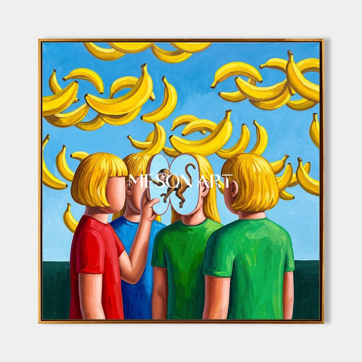 Yellow And Blue Surrealist Painting Banana Theme Square Wall Art Original Artist Hand Painted By Mesonart
