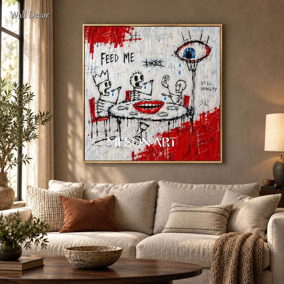 Red And White Abstract Graffiti Painting Square Wall Art For Living Room Original Artist By Mesonart