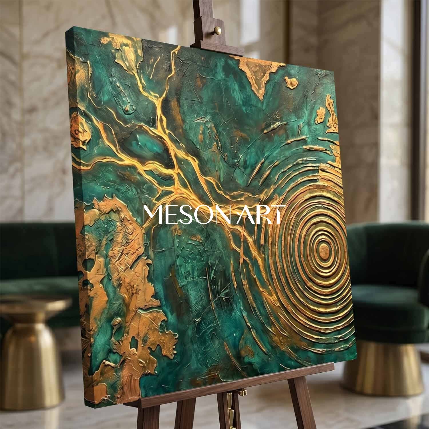 Emerald Green And Gold Abstract Painting With Textured Relief For Modern Living Room Decor