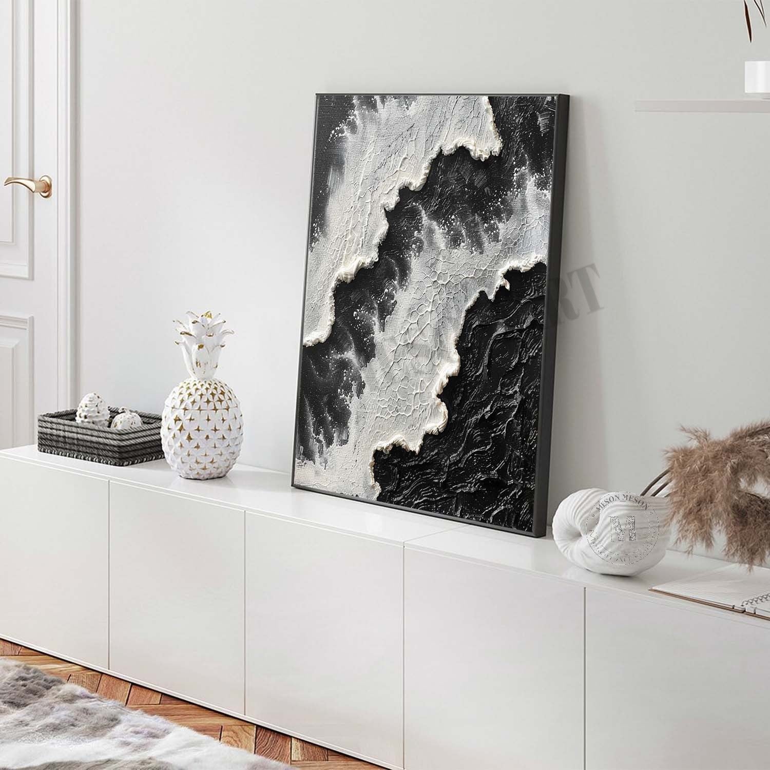 3D Black and White Ocean Texture Painting for Sale Black and White Abstract Ocean Wall Art