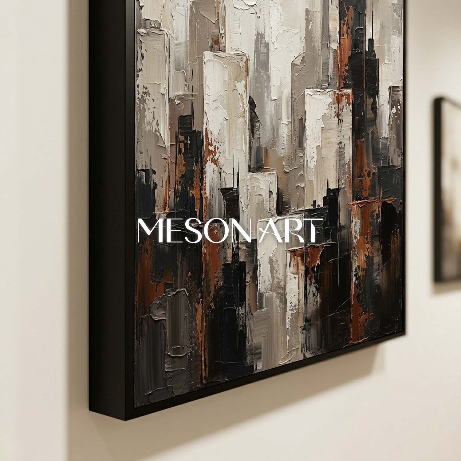 Abstract City Skyline Plaster Art With Thick Textured Relief For Industrial Loft Living Room