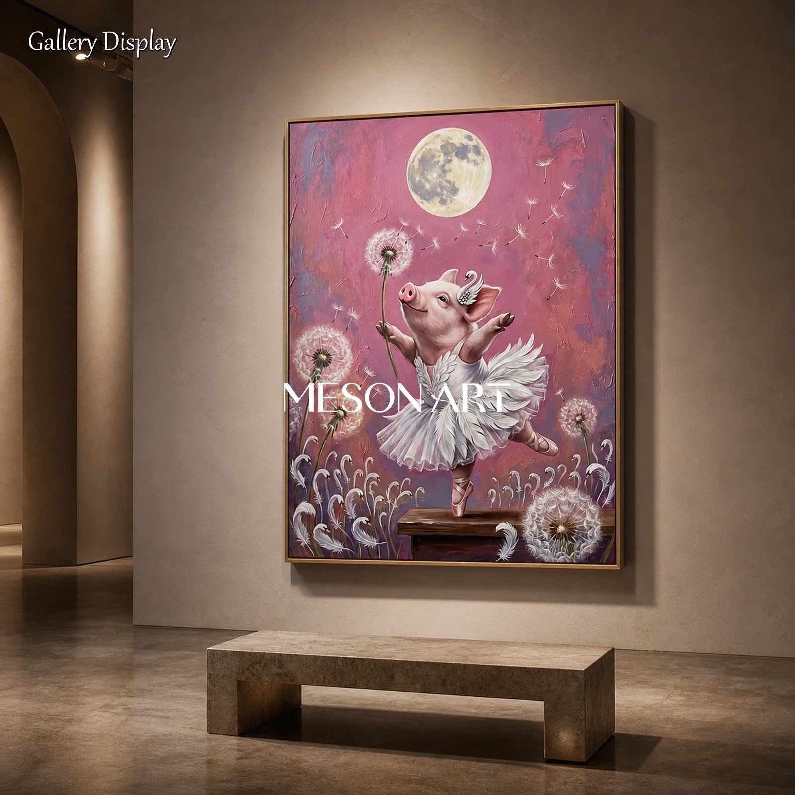 Pink And White Surrealist Painting Of Swan Dancing Pig Original Artist Rectangular Wall Art For Bedroom By Mesonart