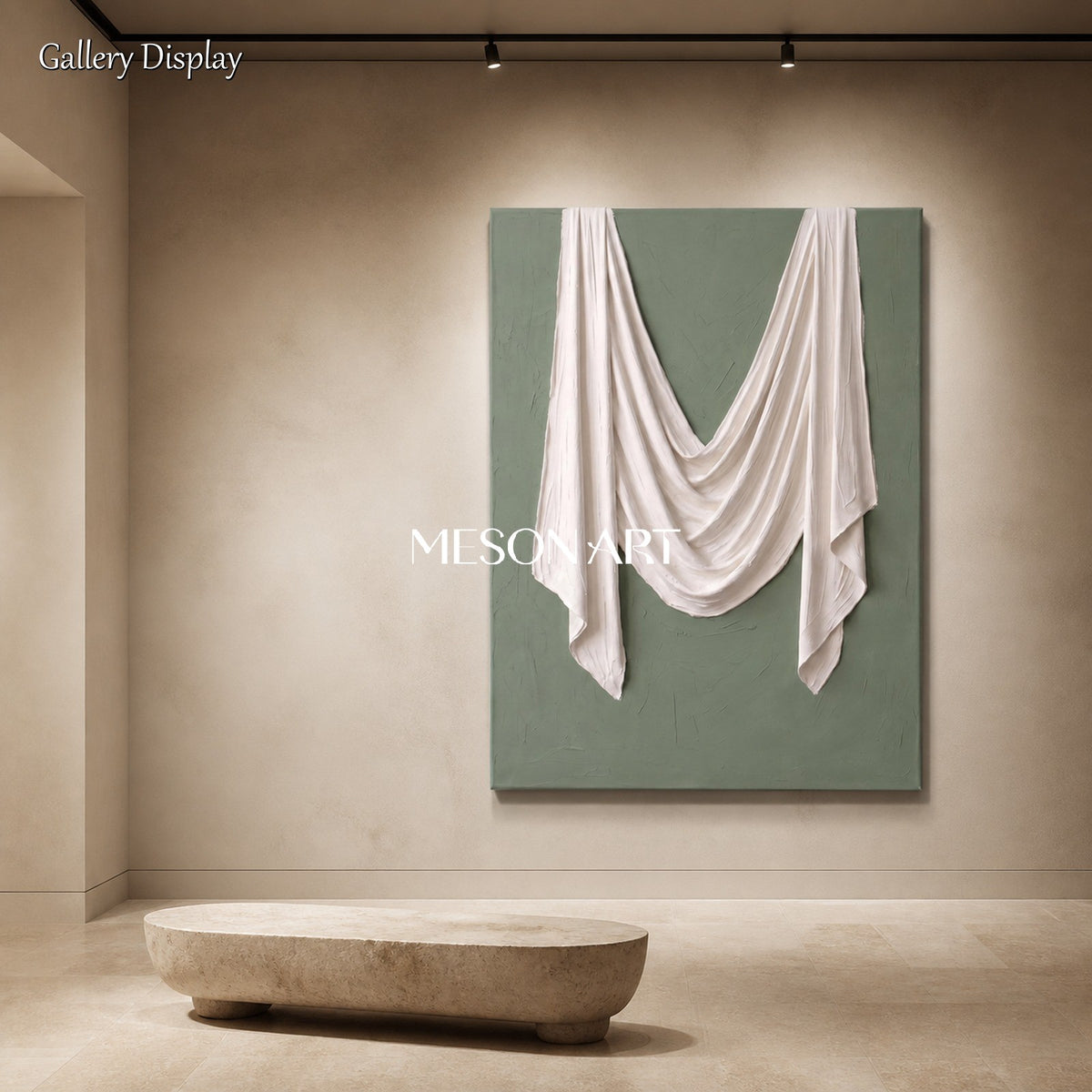 Green And White Sculptural 3D Textured Wall Art Rectangular Original Artist Hand Painted By Mesonart