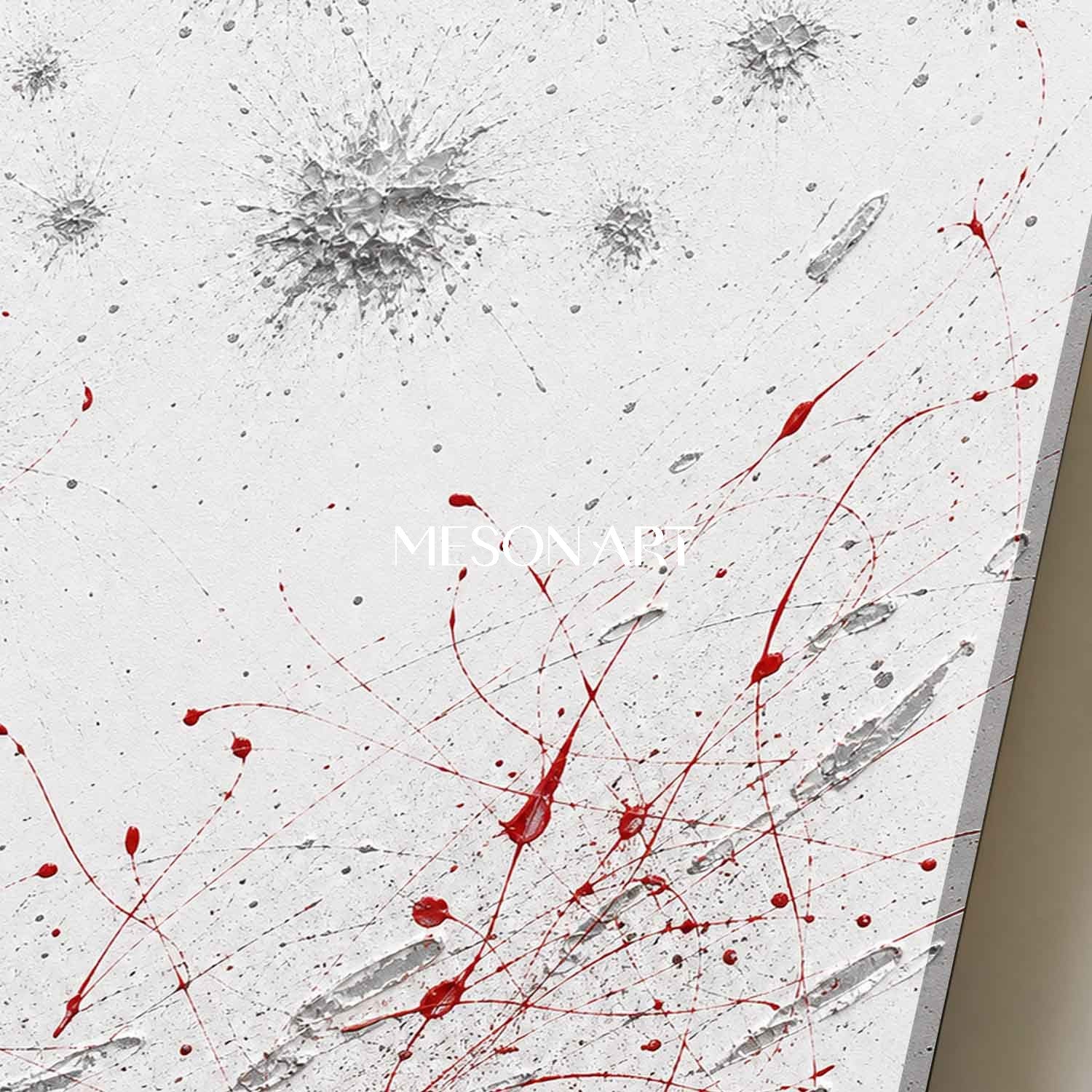 Original Silver Red Pollock Style Oil Painting On Linen Canvas For Modern Living Room Decor