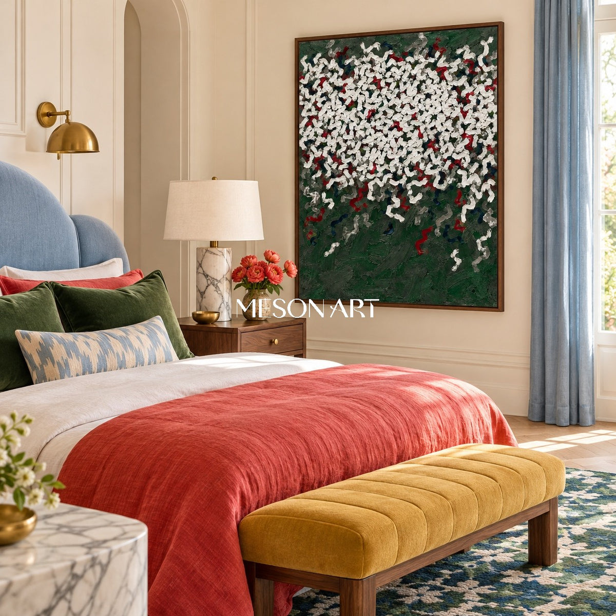 Green And White Abstract Art Wabi-Sabi Impasto Palette Knife Painting Rectangular Wall Decor For Living Room By Mesonart