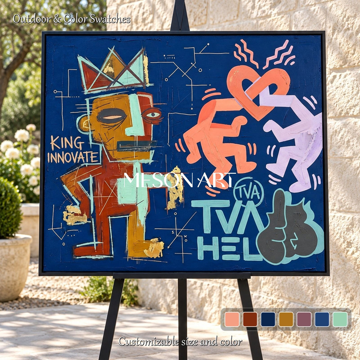 Blue And Gold Graffiti Art Keith Haring Style Rectangular Wall Decor For Living Room By Mesonart