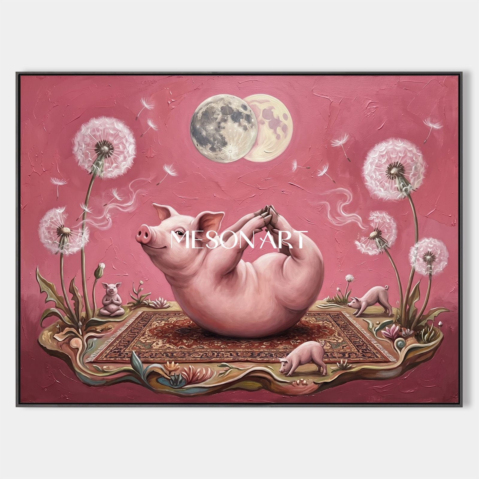 Pink And White Yoga Pig Surrealist Art Rectangular Wall Decor For Living Room By Mesonart
