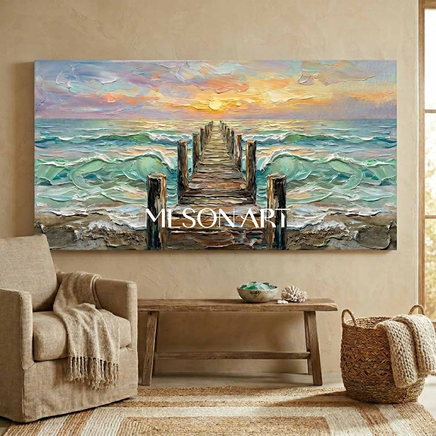 Luxury Coastal Seascape Art With Golden Sunset And Textured Waves For Living Room