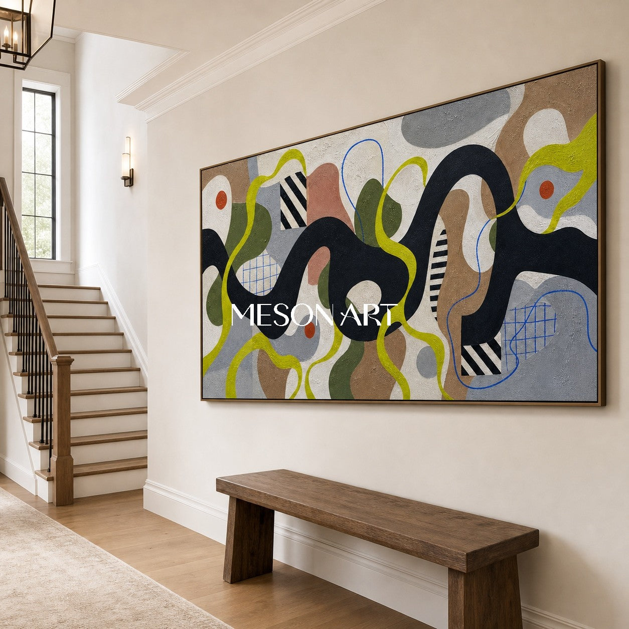 Mid Century Modern Abstract Painting With Organic Shapes And Geometric Lines For Living Room Decor