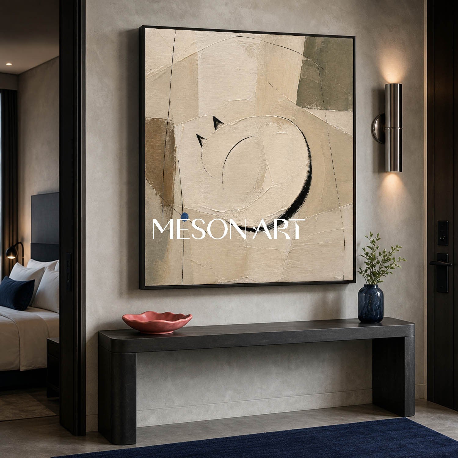Minimalist Cat Abstract Art In Beige And Black For Modern Living Room Decor