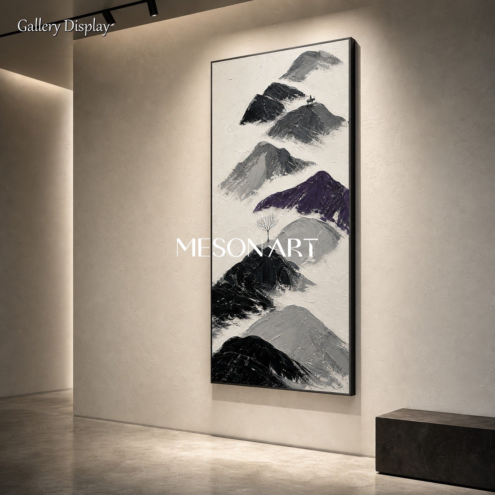 Black And White Mountain Painting With Textured Relief For Modern Home Decor