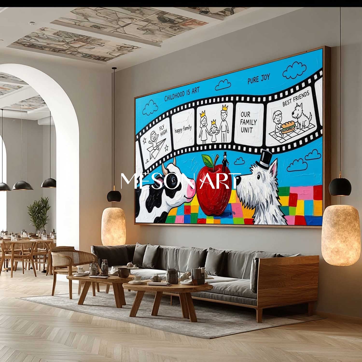 Whimsical Surrealist Painting With Animals And Apple For Kids Room Decor
