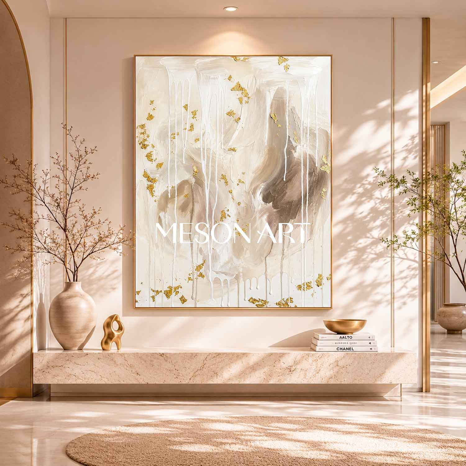 Minimalist Abstract Art With Gold Leaf And Fluid Texture For Modern Home Decor