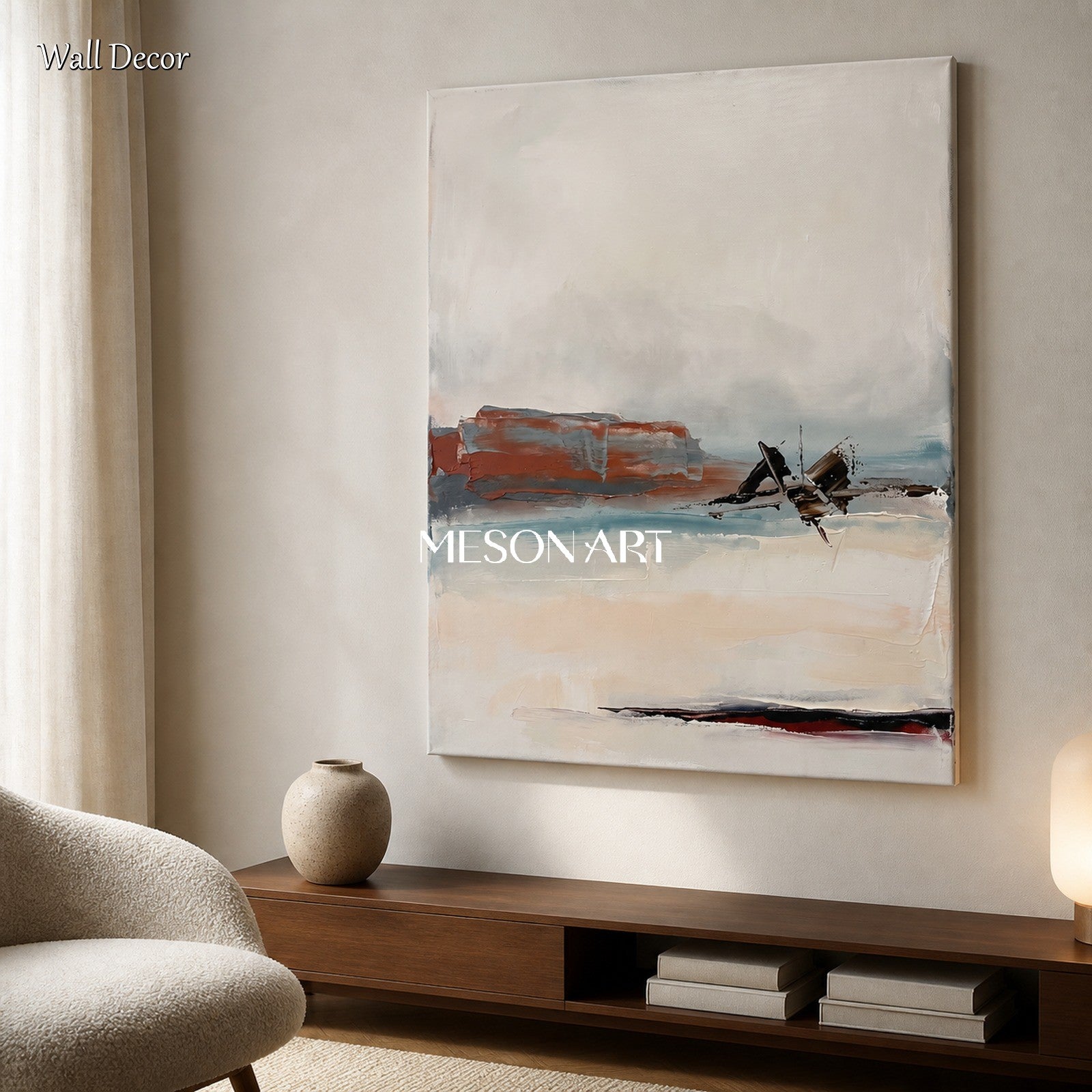 Beige And Black Abstract Landscape Painting Contemporary Expressionist Art Rectangular Wall Decor For Living Room By Mesonart