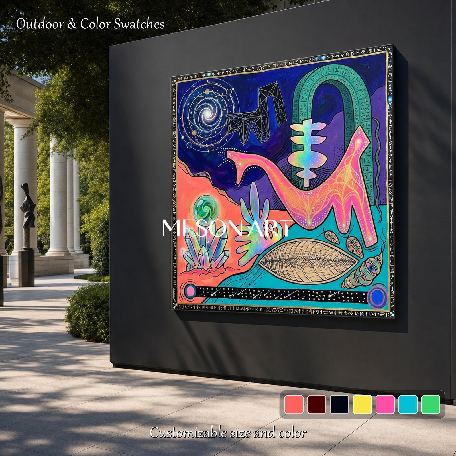 Abstract Surreal Painting With Cosmic Symbols For Modern Living Room Decor