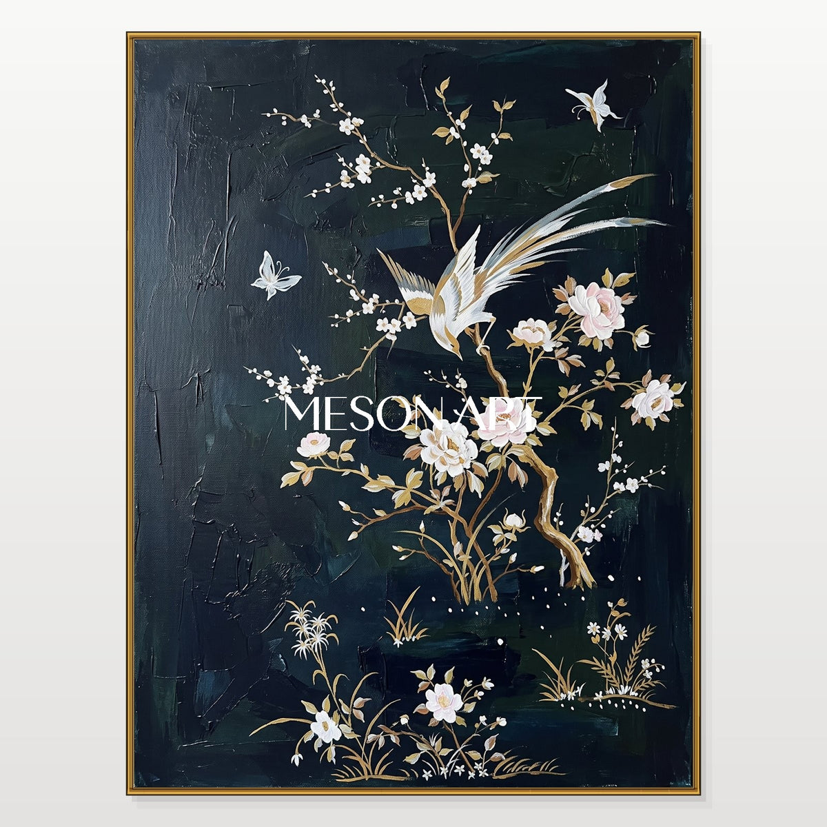 Black And White Japanese Style Floral Painting Rectangular Wall Art Original Artist Hand Painted By Mesonart