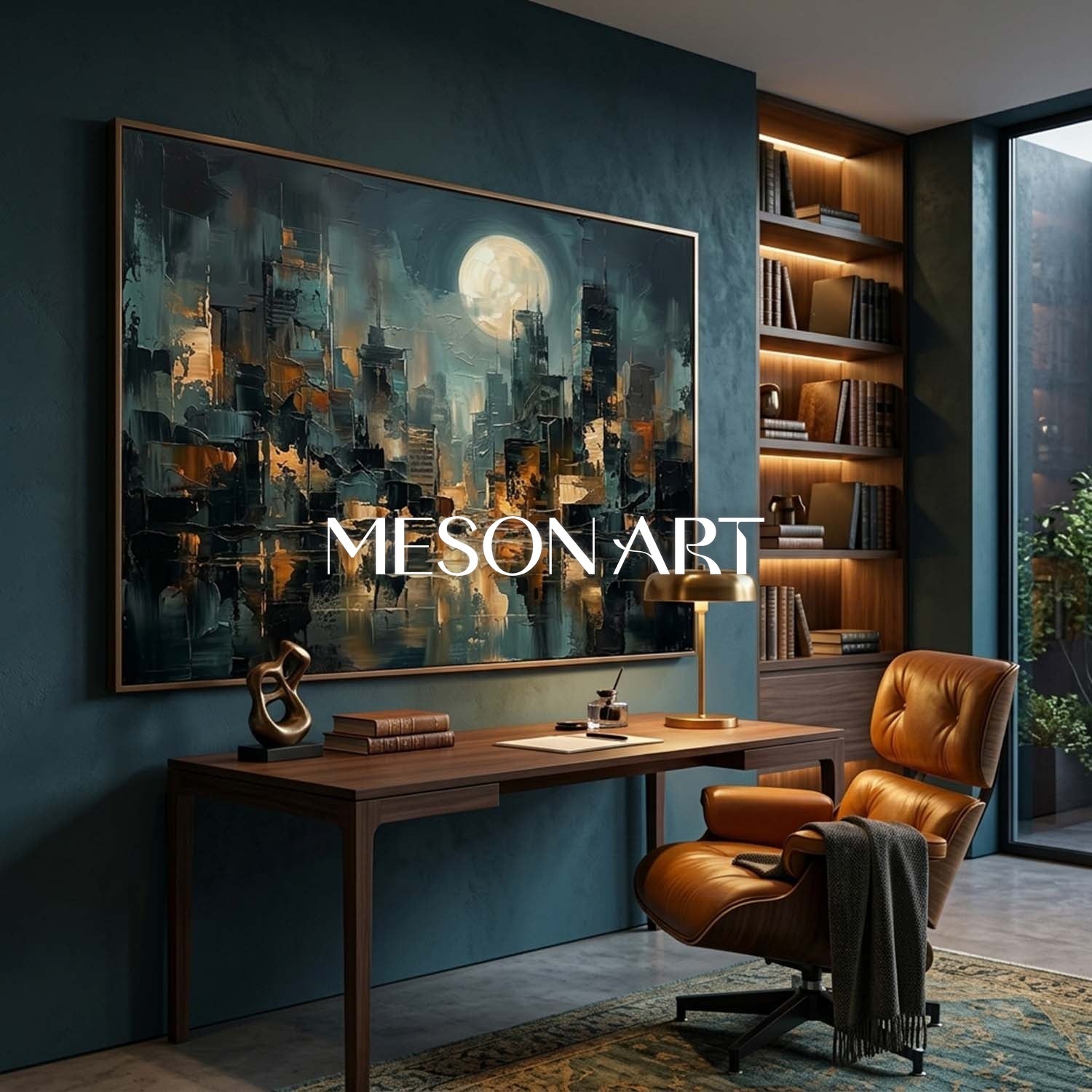Abstract City Painting With Gold Accents For Modern Living Room Decor