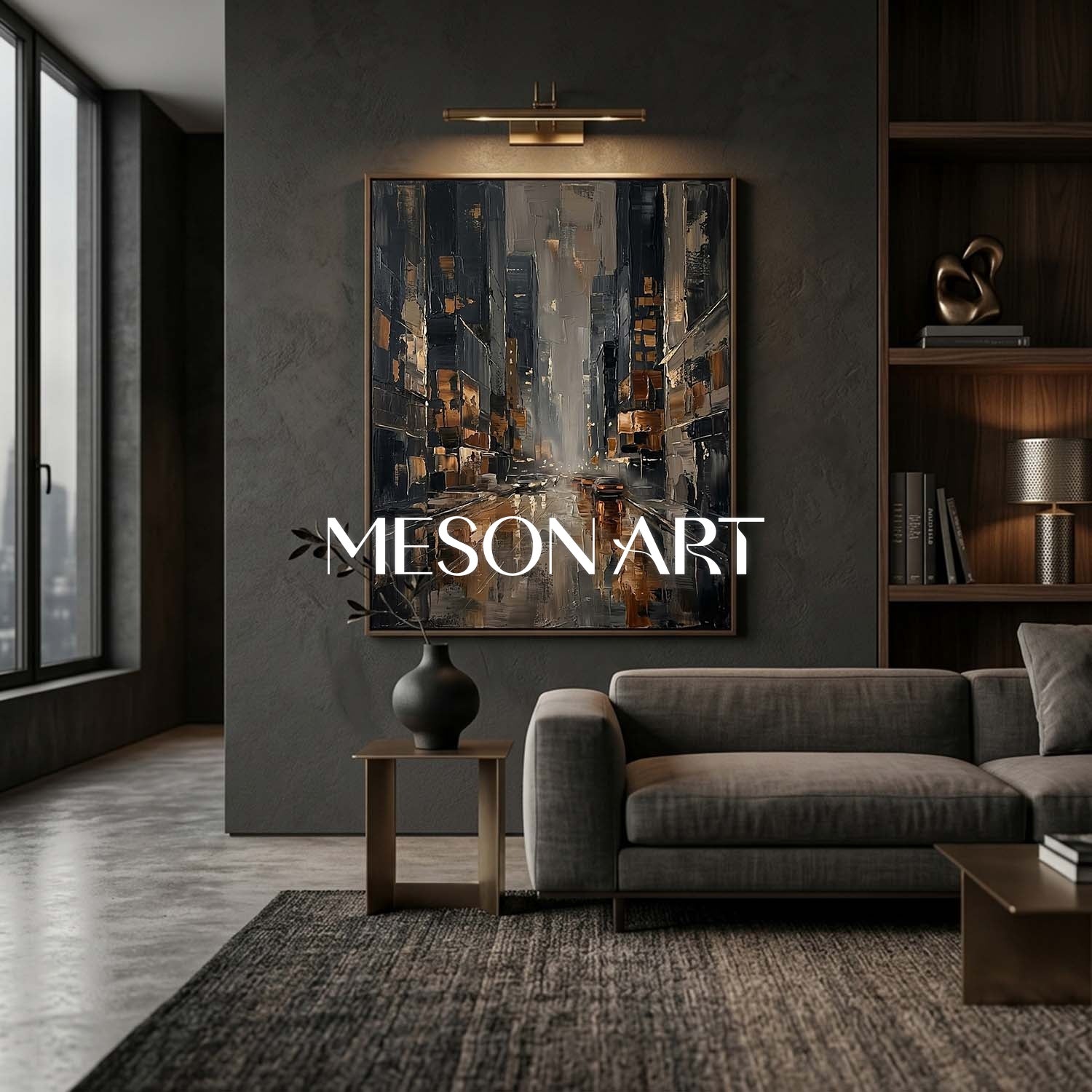 Abstract Cityscape Painting With Gold Accents For Modern Living Room And Office Decor