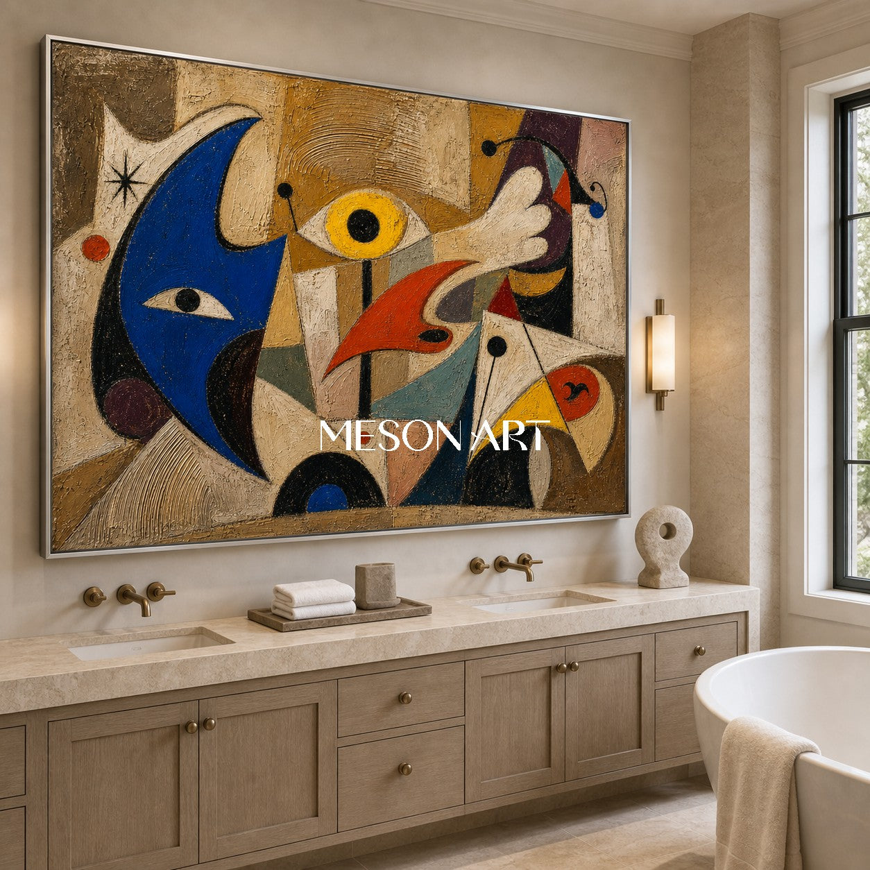 Abstract Surrealist Oil Painting On Linen With Blue And Beige Tones For Living Room Decor