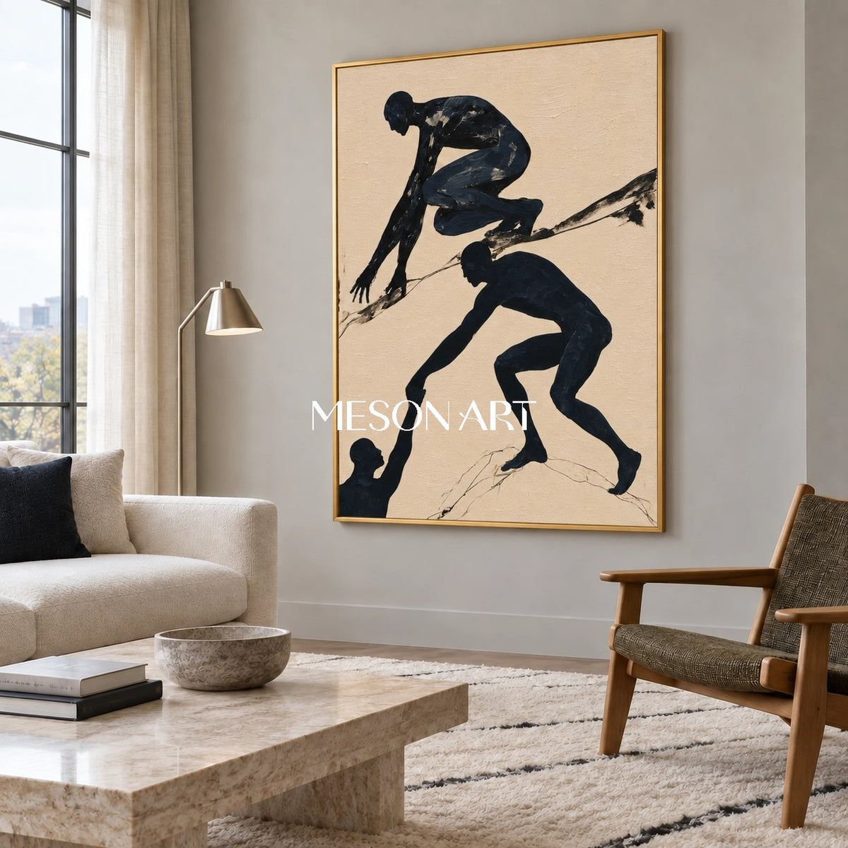 Black And Beige Expressionist Figurative Art Rectangular Painting Modern By Mesonart