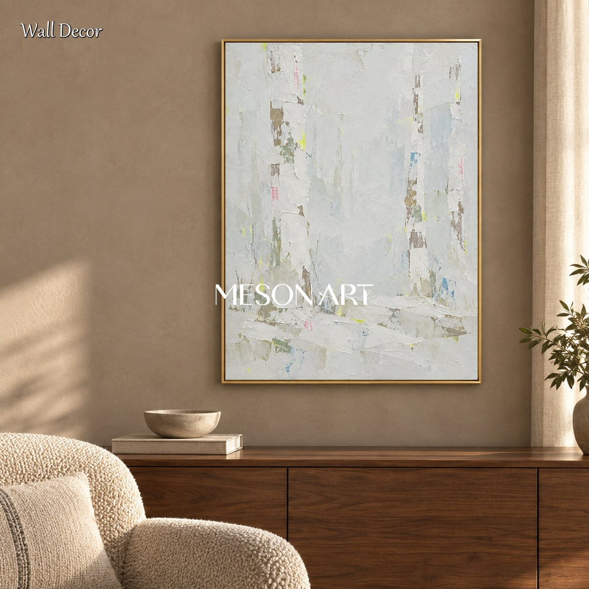 White And Beige Abstract Landscape Painting Organic Modern Art Rectangular Wall Decor By Mesonart