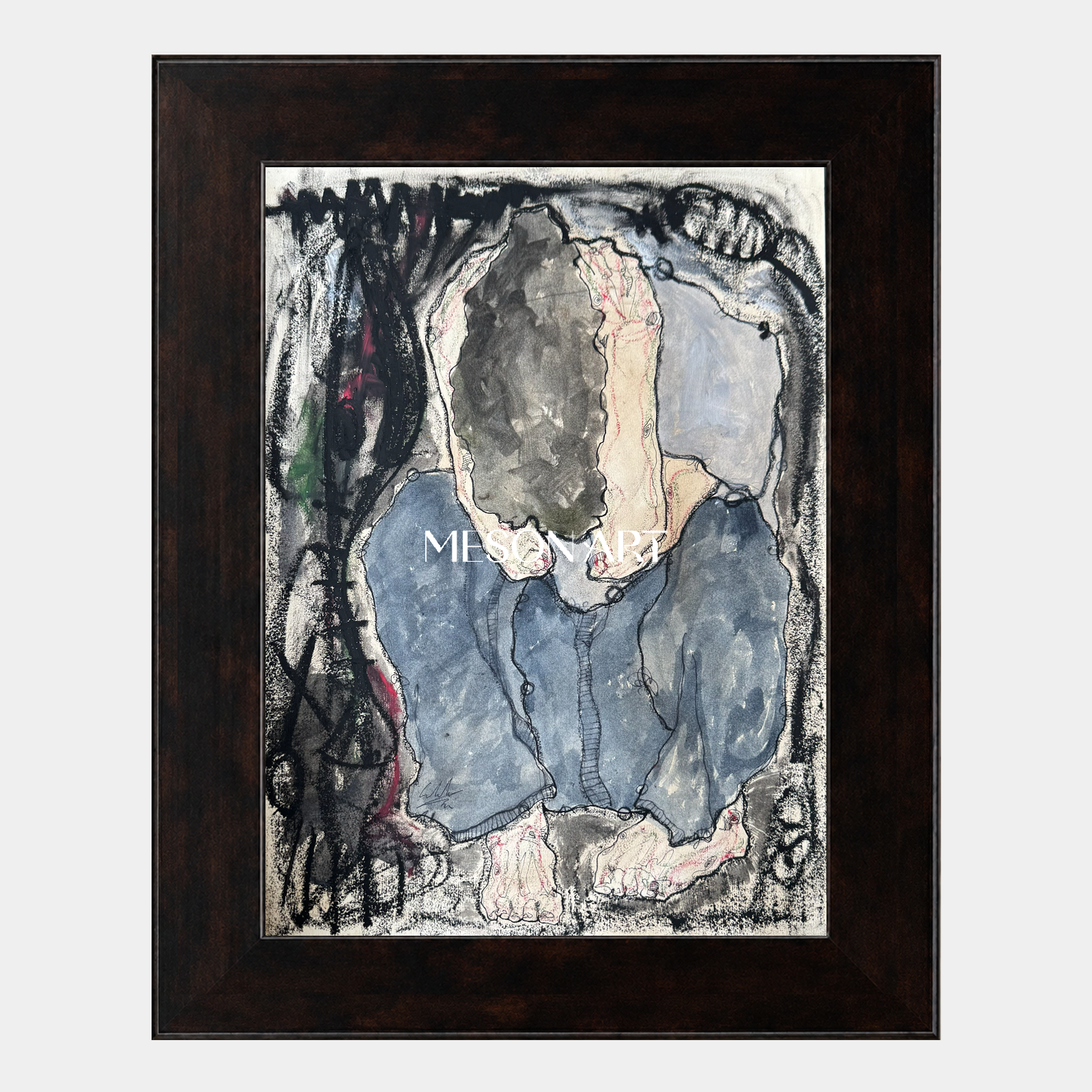 Blue And Black Figurative Portrait Painting Contemporary Original Artwork Rectangular Wall Art By Mesonart