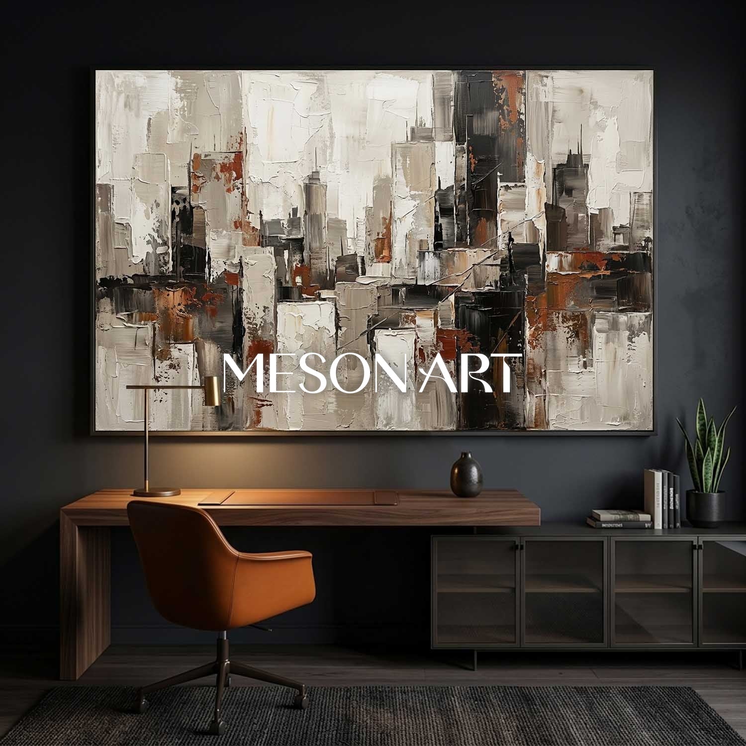 Abstract City Painting With Plaster Texture For Modern Living Room And Office Decor