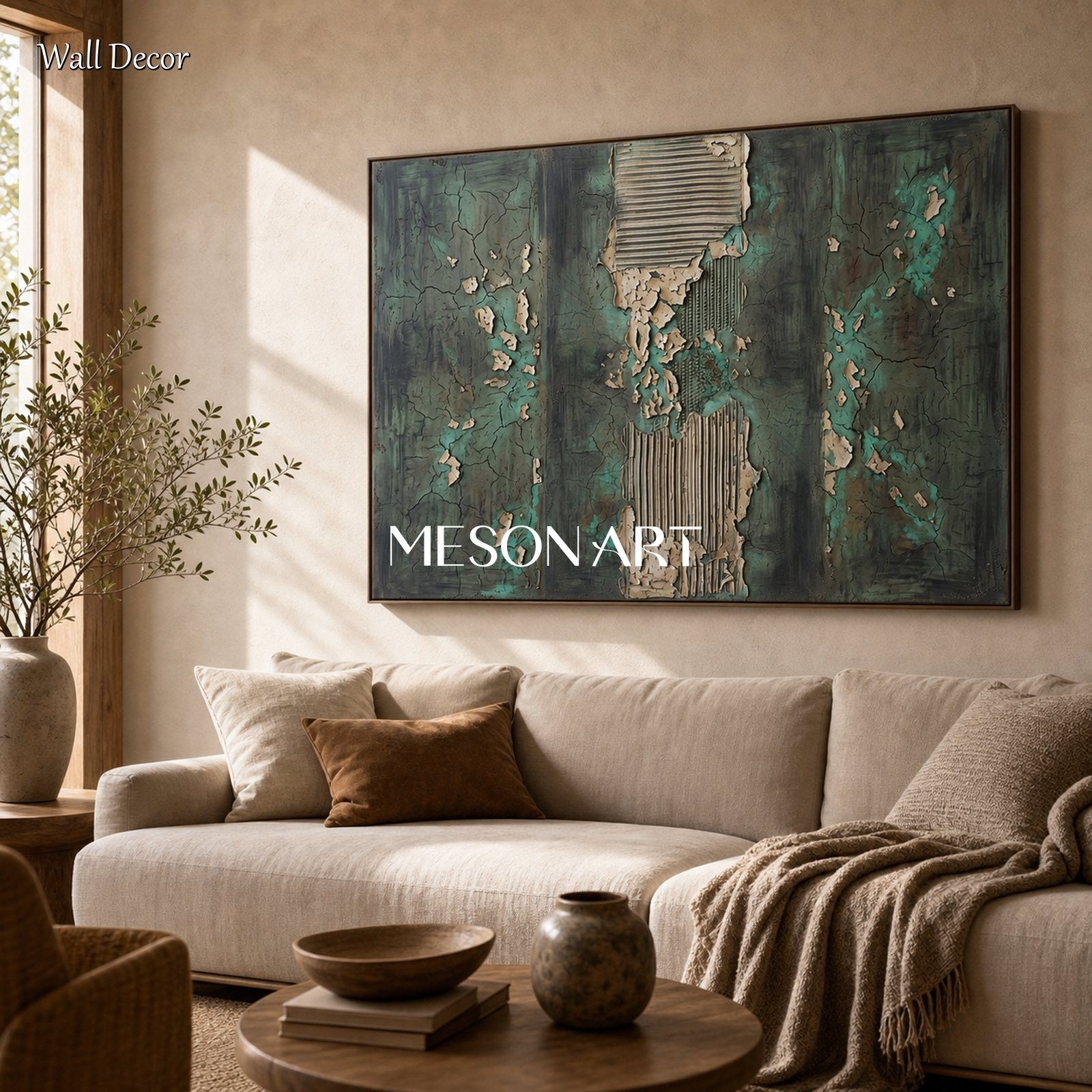 Green Textured Wall Art For Modern Industrial Living Room Decor With Cracked Finish
