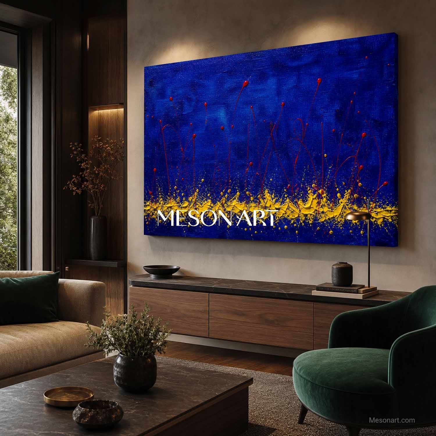 Original Blue And Red Abstract Art With Yellow Texture For Modern Living Room Decor