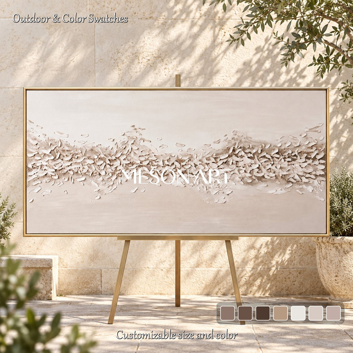 Beige Textured Canvas Painting Abstract Panoramic Rectangular Wall Art Original Artist By Mesonart