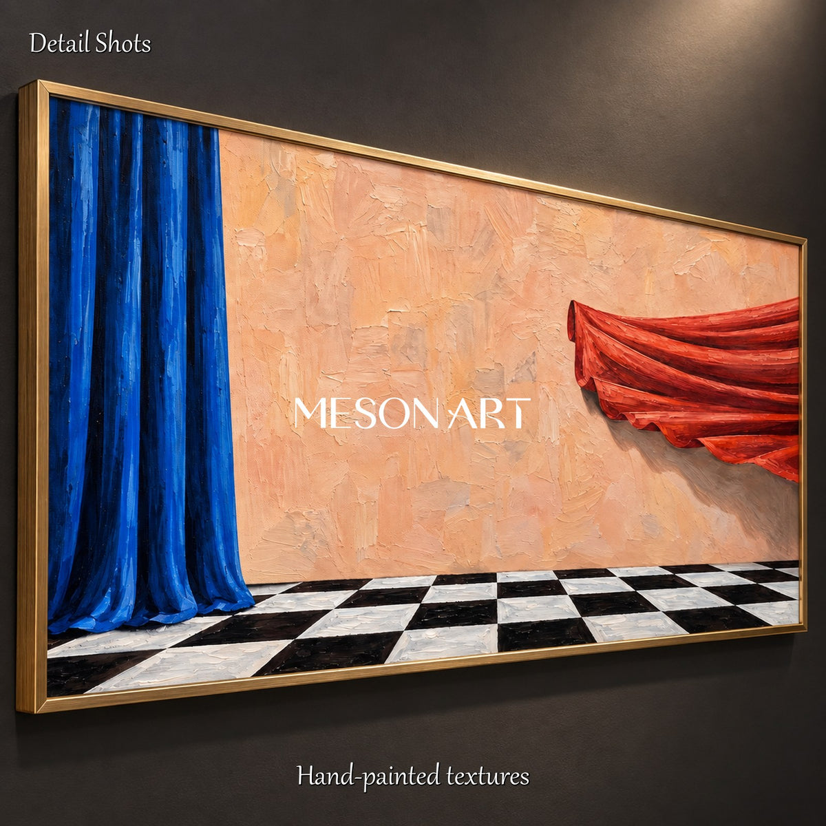 Quadro surrealista blu e rosso, decorazione murale panoramica per il soggiorno, opera originale dell'artista Mesonart