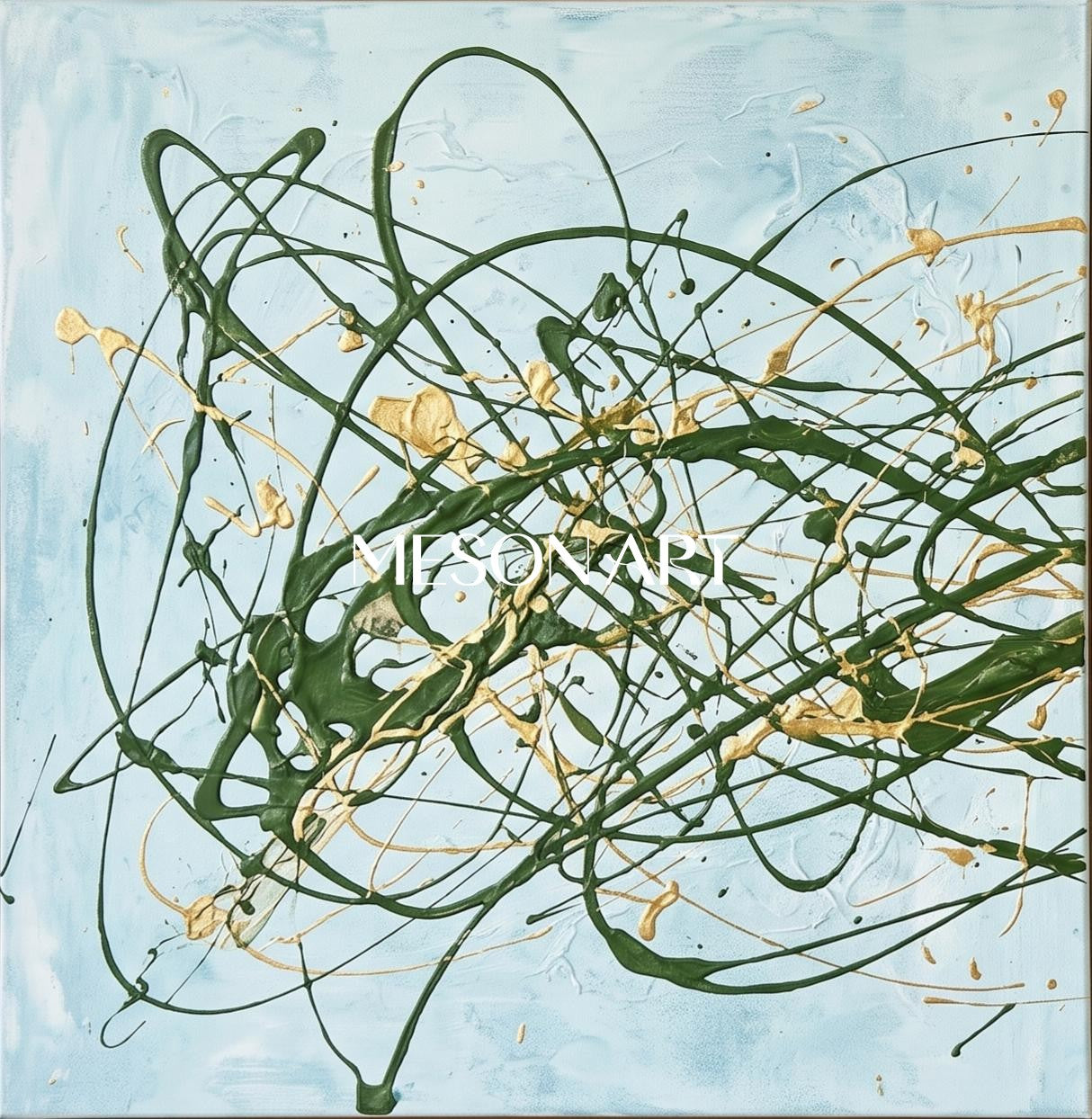 Blue And Green Pollock Style Painting Square Drip Art By Jackson Inspired Contemporary Wall Decor For Living Room By Mesonart