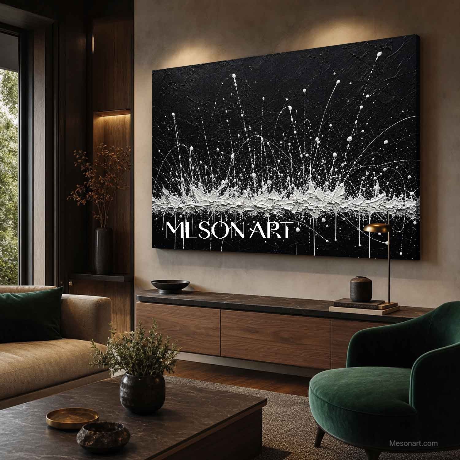 Black And White Abstract Painting For Modern Living Room With Textured Relief Effect
