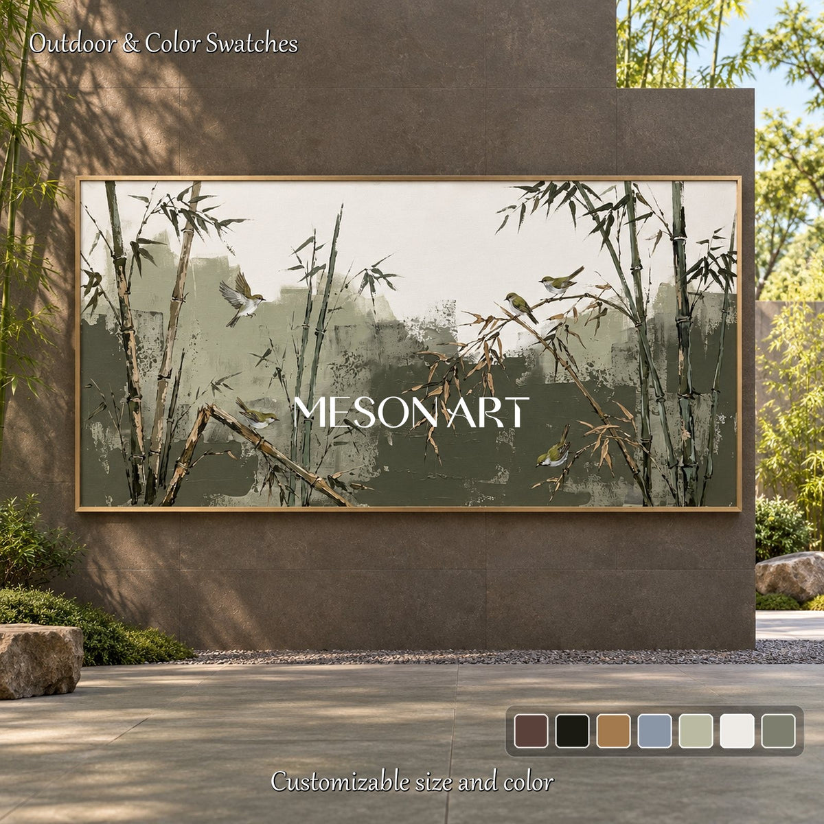 Green And Beige Bamboo And Warbler Art Panoramic Wall Decor For Living Room By Mesonart