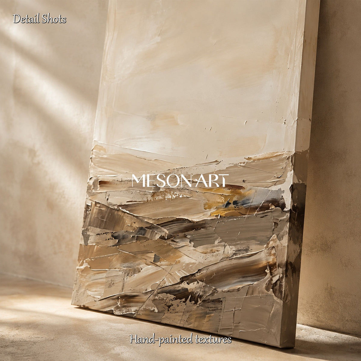 Abstraktes Gemälde in Beige und Gold – Panorama-Wandbild für das Wohnzimmer von Mesonart