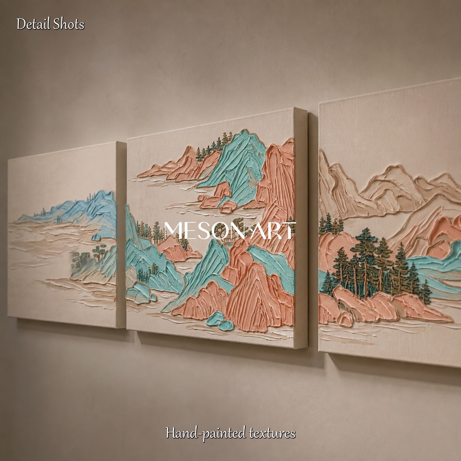 Beige And Blue Modern Impasto Mountain Painting Rectangular Wall Art For Living Room By Mesonart