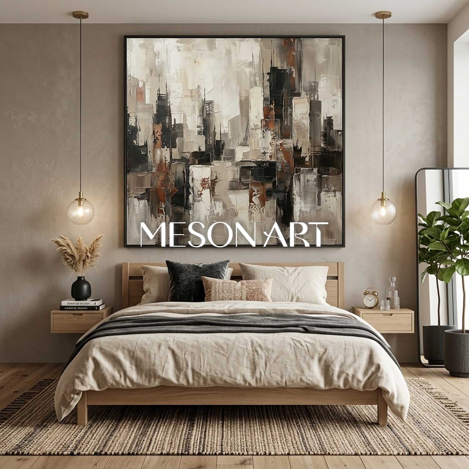 Abstract City Skyline Painting With Plaster Texture For Industrial Loft Decor