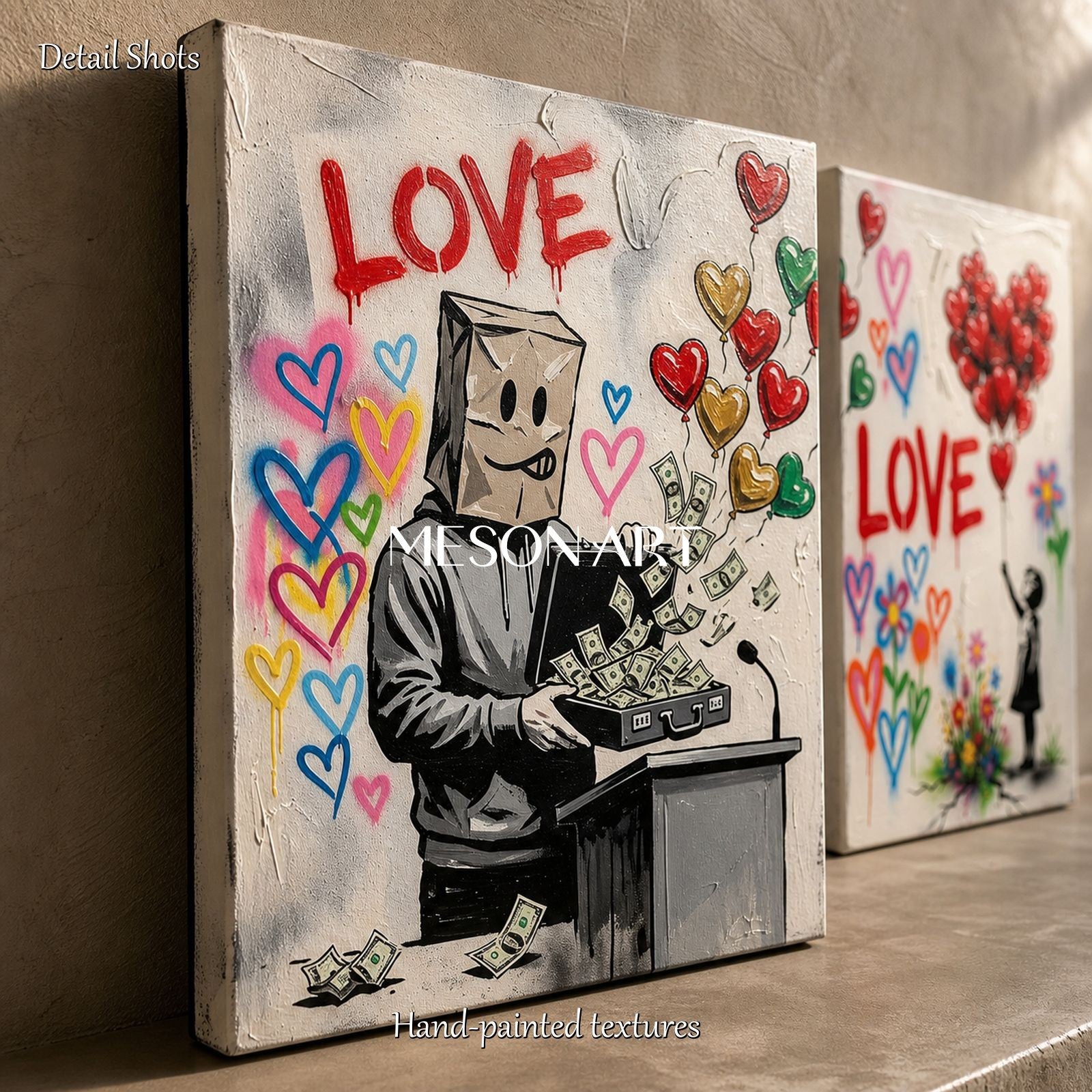 Red And Black Graffiti Painting With Heart Motif Rectangular Wall Art For Living Room By Mesonart