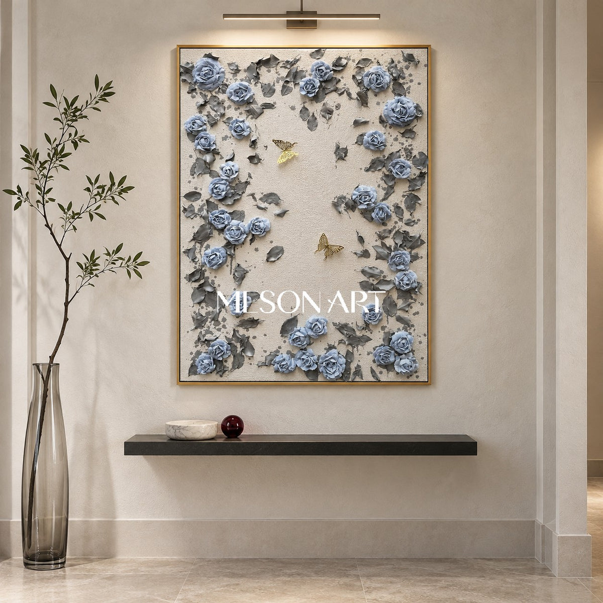Blue And Gray Botanical Painting Original Hand Painted Modern Organic Wall Art Rectangular Canvas By Mesonart