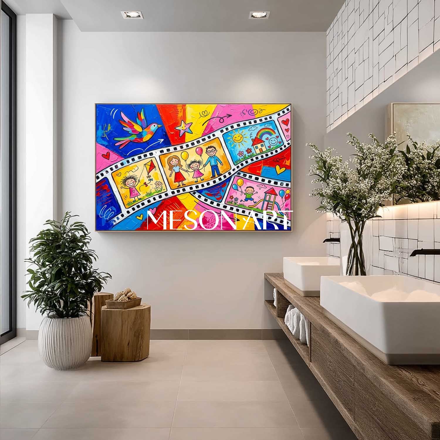 Vibrant Pop Art Painting For Kids Room With Happy Family Cartoon Characters And Colorful Film Strip Design