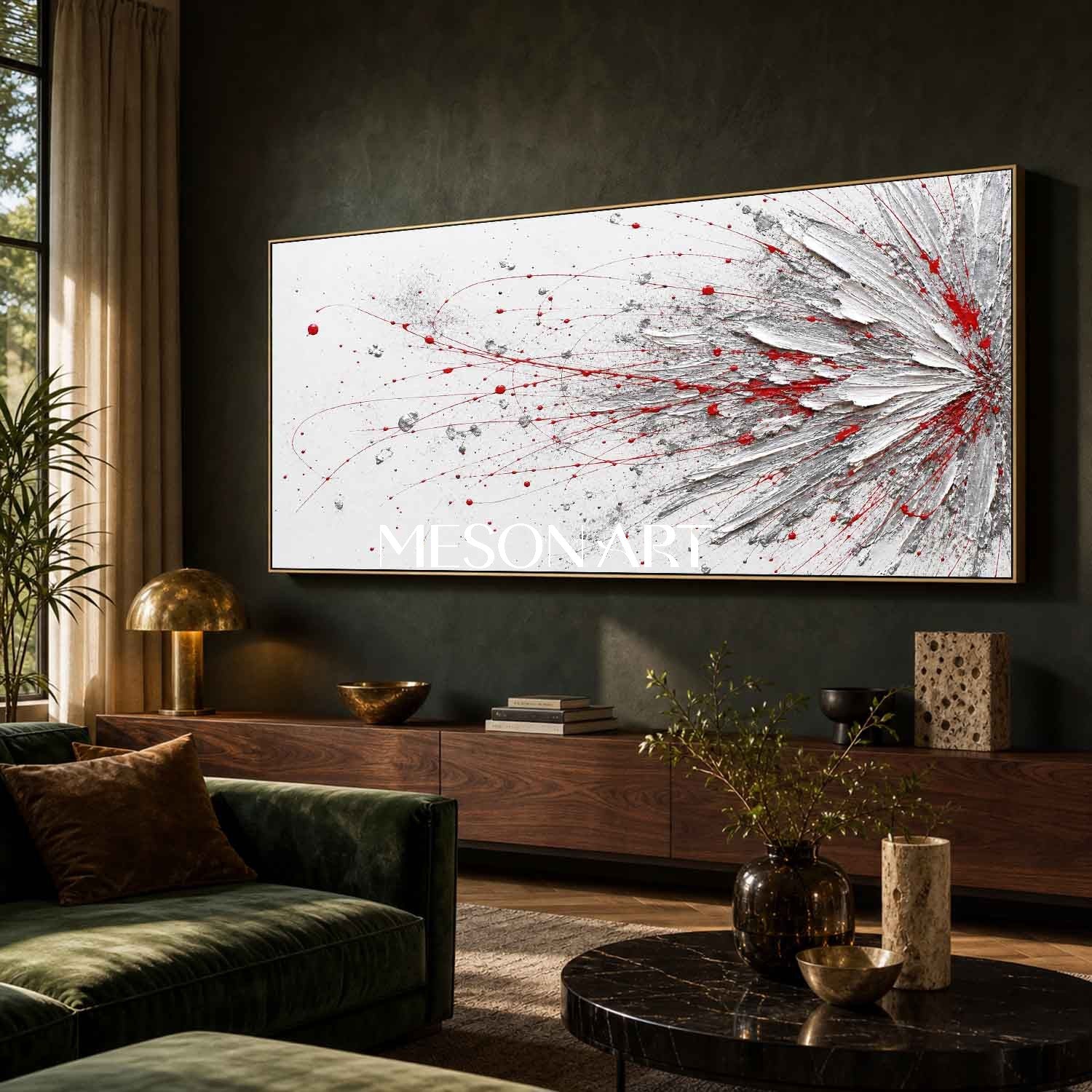 Bold Red And White Abstract Painting With Textured Relief For Modern Living Room Decor