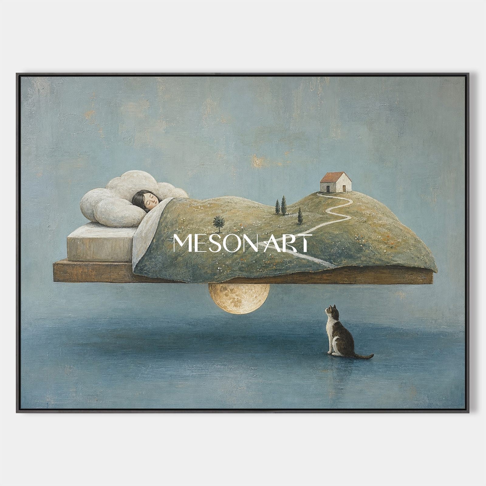 Minimalist Surreal Dream Painting For Serene Bedroom Living Space With Soft Blue Earth Tones