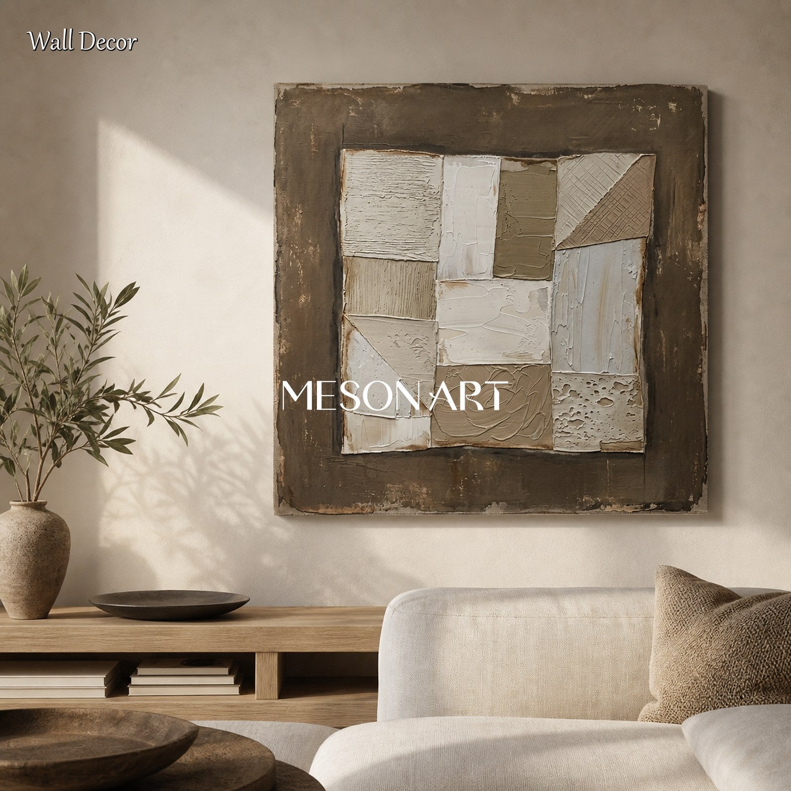 Earthen Silence Abstract Painting In Brown And White With Textured Plaster For Japandi Living Room Decor