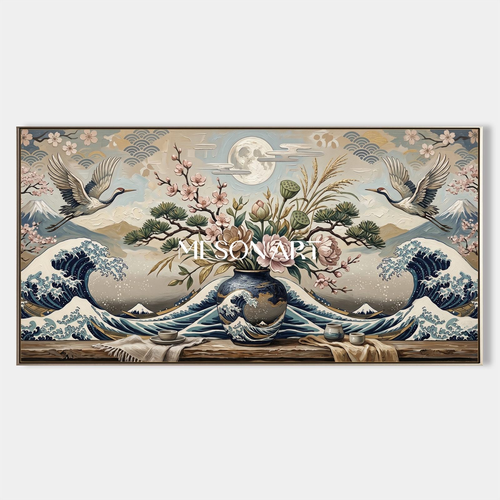 Contemporary Ukiyo-E Wall Art With Waves Cranes And Cherry Blossoms For Living Room Decor