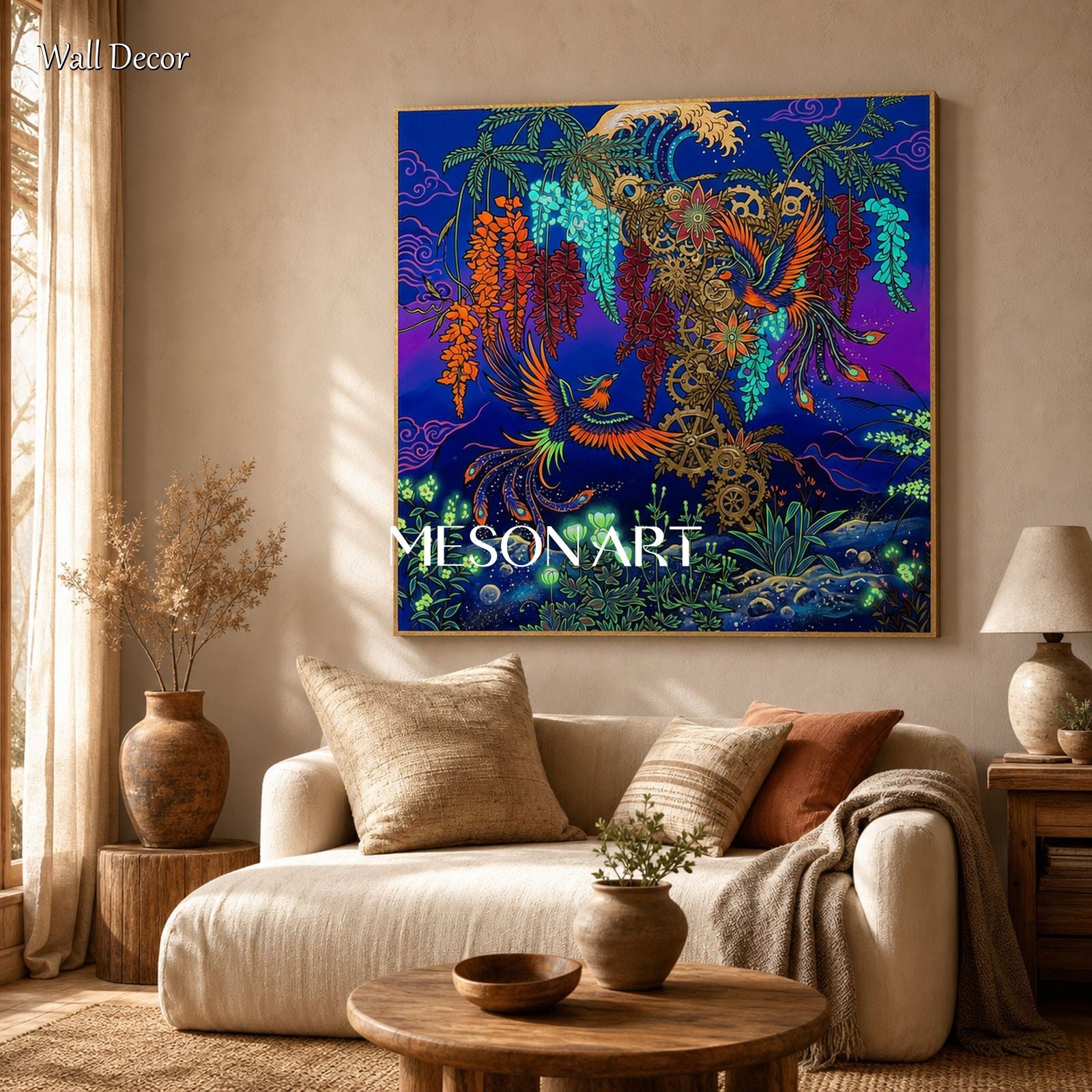 Steampunk Phoenix Art Print With Golden Gears And Glowing Flowers For Living Room Wall Decor