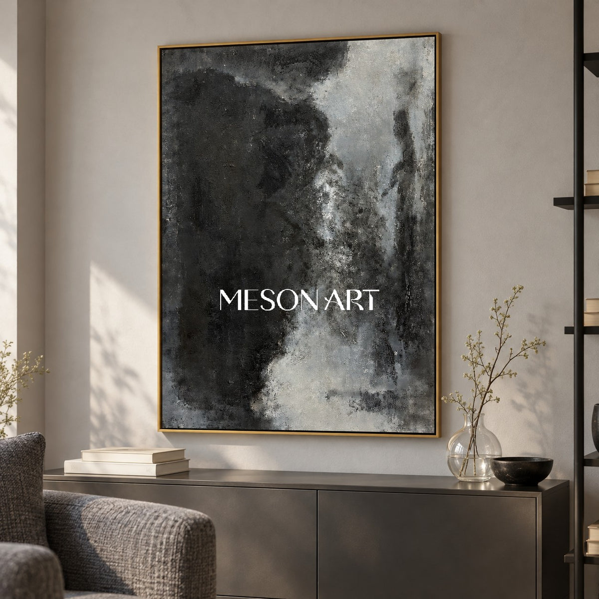 Black And White Abstract Painting Rectangular Wall Art Textured Original Modern Large By Mesonart